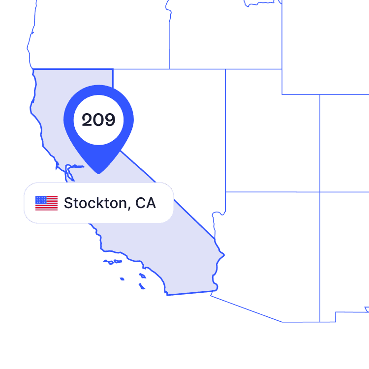 US map of 209 area code phone numbers and its coverage region