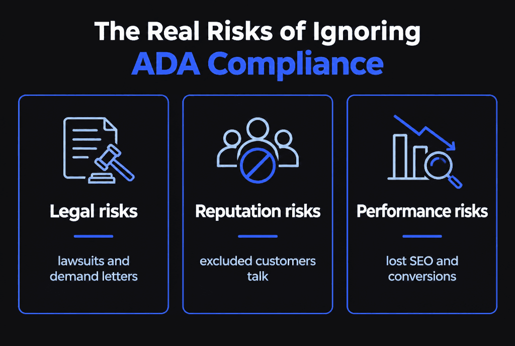 Infographic of the real risks of ignoring ADA compliance: legal risks, reputation risks and performance risks