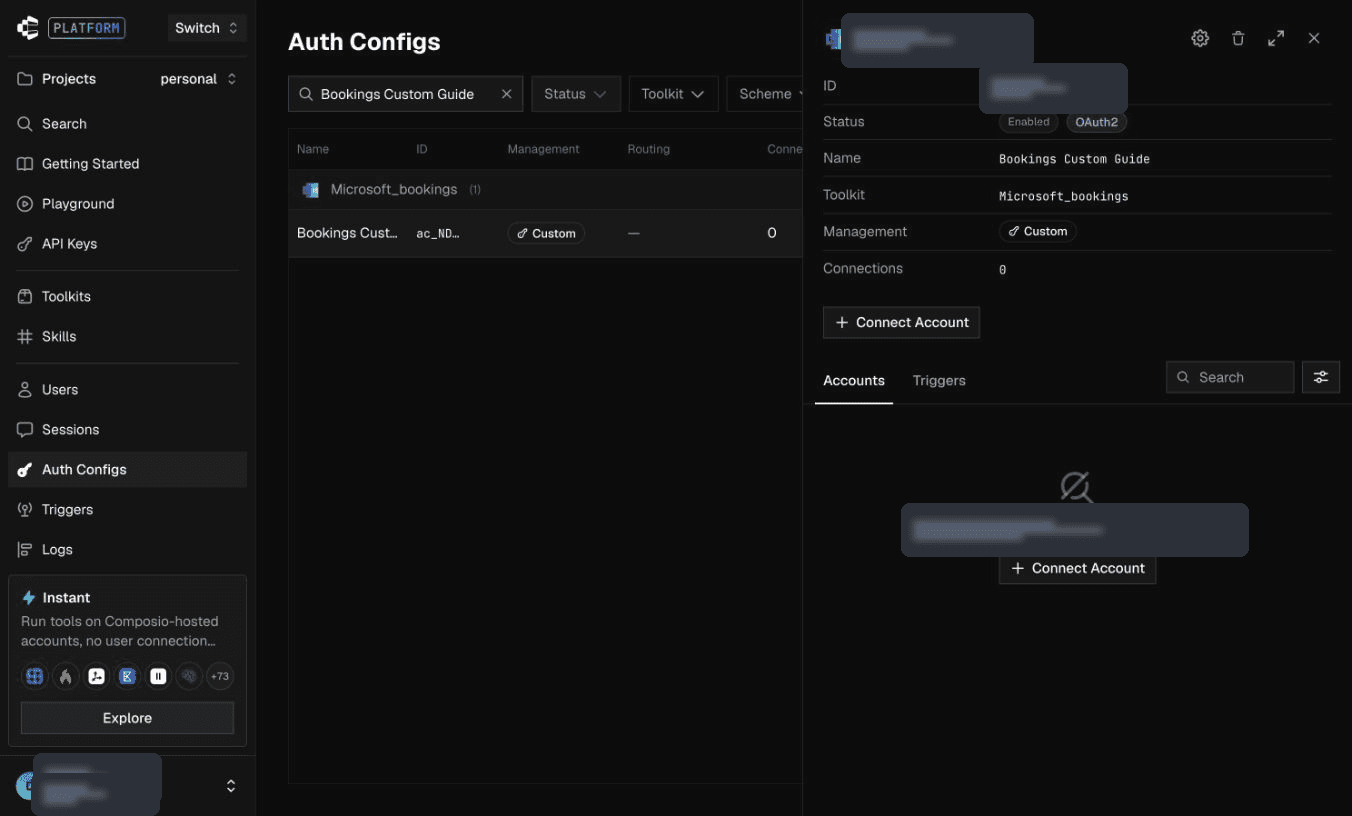 Bookings Connect Account button