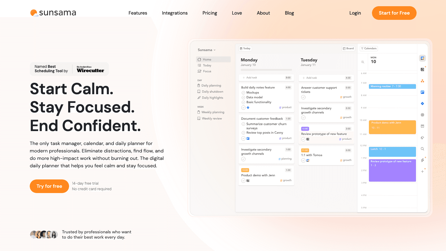 Sunsama daily planner interface