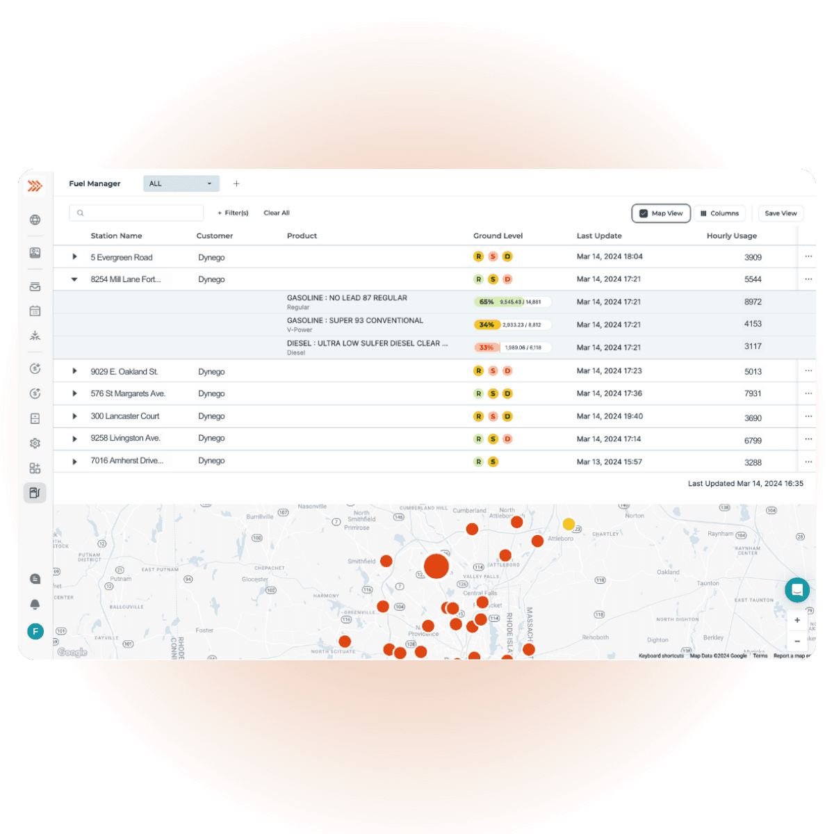 Screen capture of BeyondTrucks TMS System's project management interface, featuring white and light gray lines with black text for clarity. Below, a section of a light bluish-gray map is visible, highlighted with orange circles marking the delivery and pickup locations, illustrating the system's comprehensive logistics and spatial planning capabilities