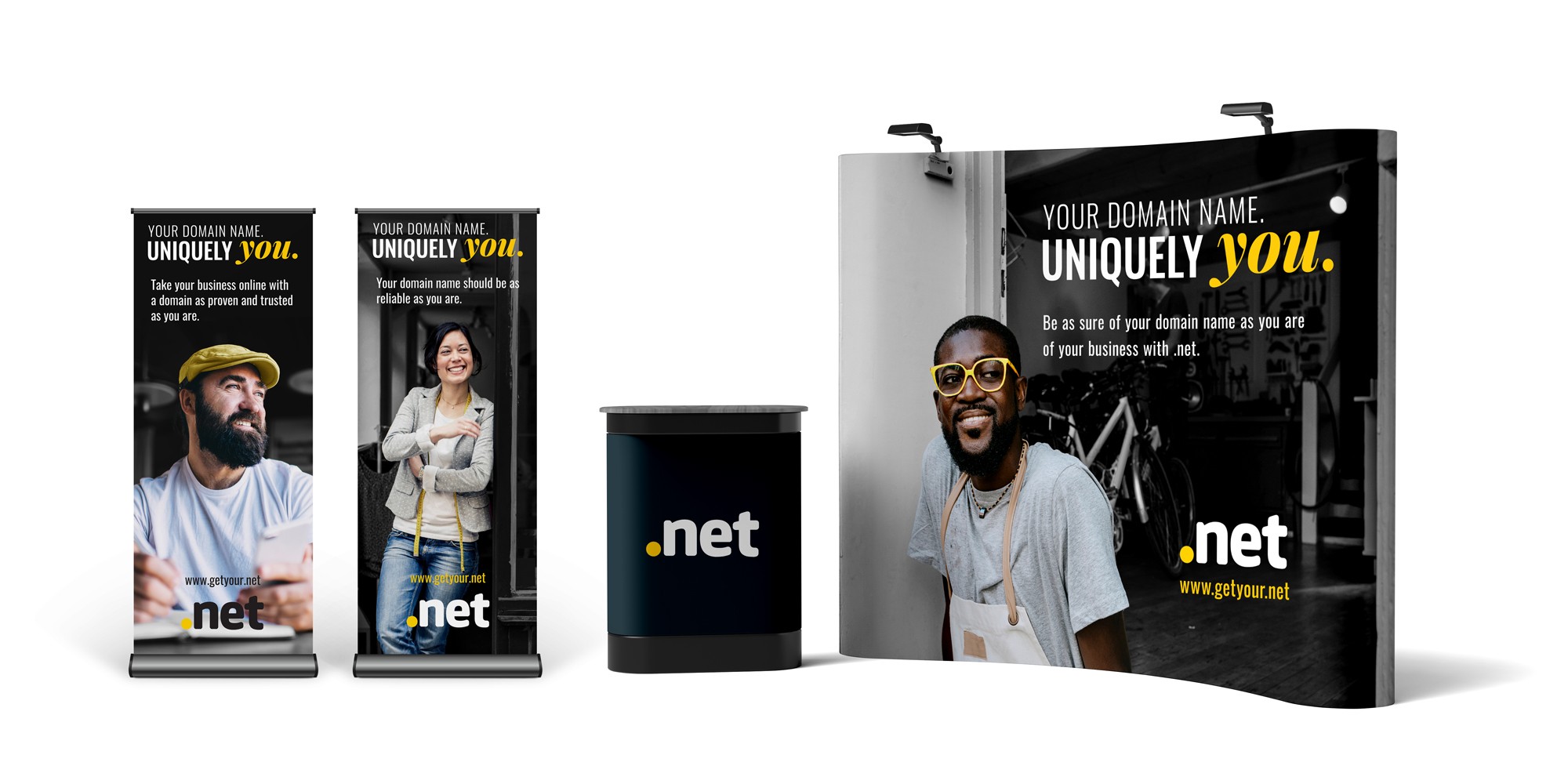.net event collateral mockup showing large-format graphics and roll-up banners for trade shows