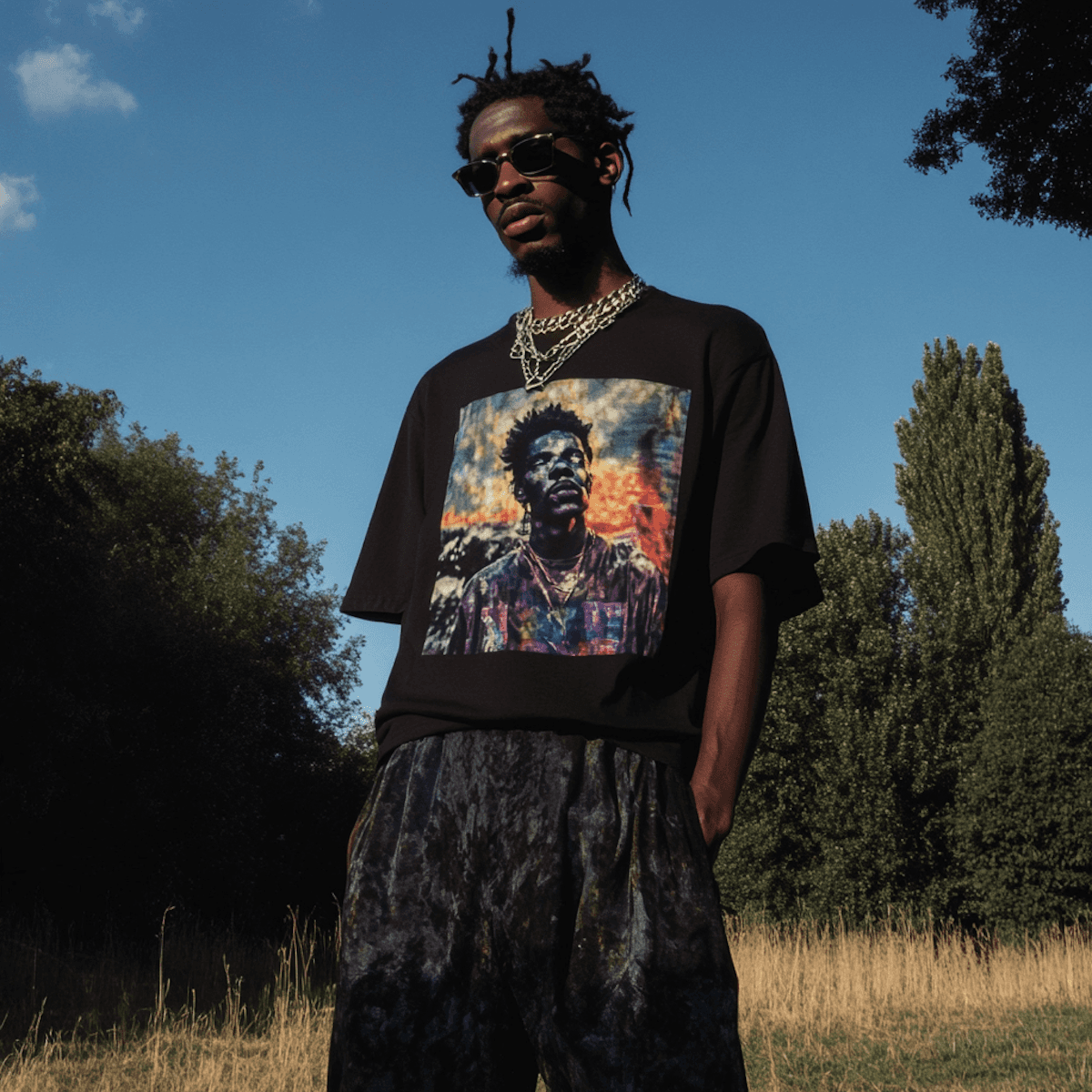 Low-angle portrait of a man with locs and sunglasses, wearing a black graphic t-shirt and layered silver necklaces against a clear blue sky.