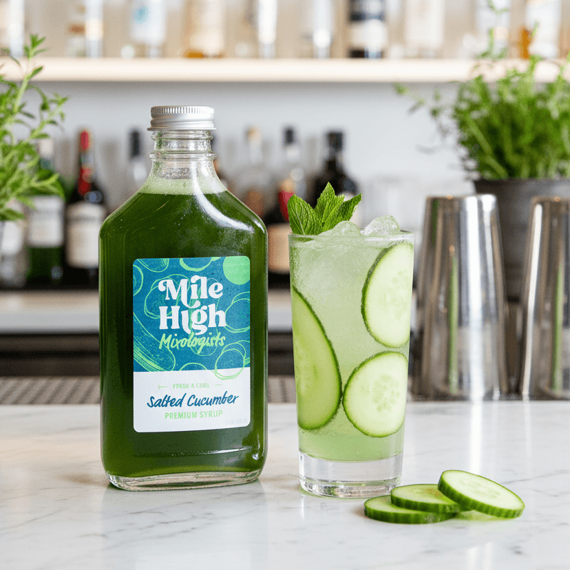 MHM Salted Cucumber syrup in a bottle next to a refreshing cucumber cocktail
