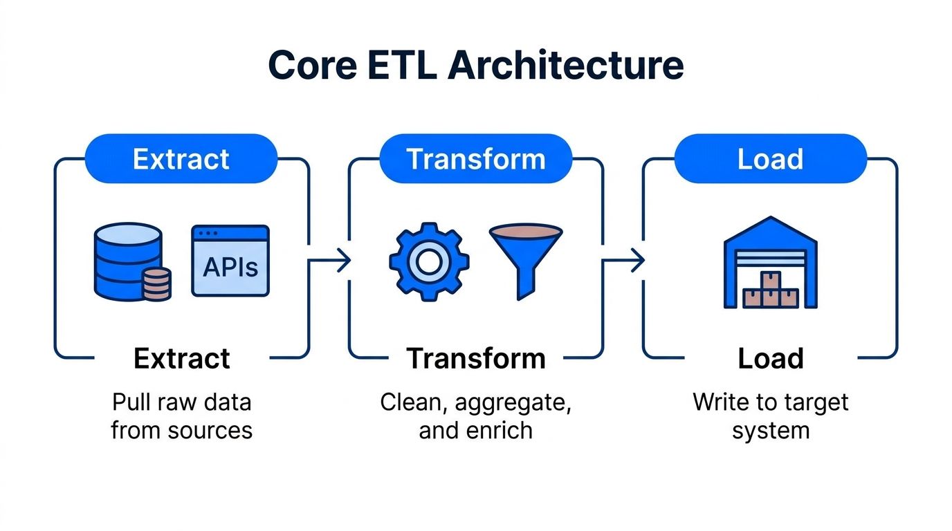 A diagram illustrating the core ETL architecture process, including extraction, transformation, and loading of data.
