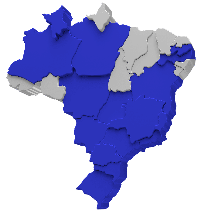 3D map of Brazil highlighting states in blue and gray, showcasing Inbix's educational platform regions.