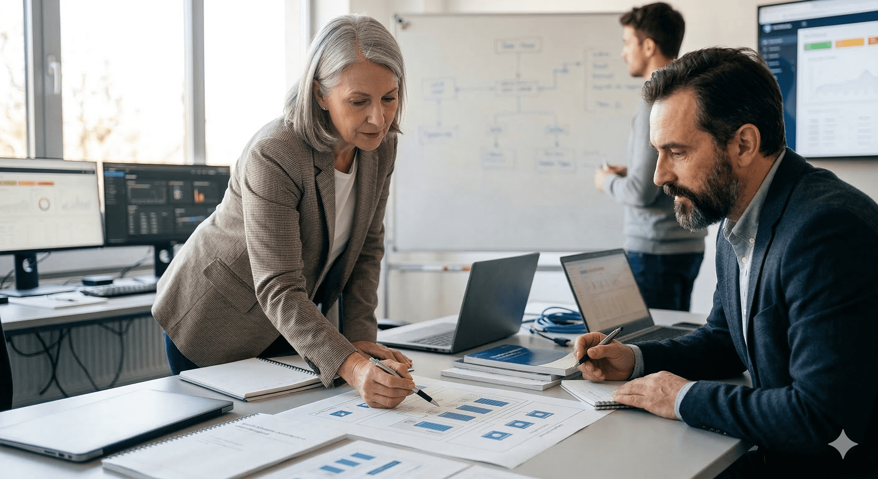 An office team collaborates on a project with laptops and documents featuring charts and graphs, reflecting a focus on secure code execution and agent technology, while a flowchart is visible on a whiteboard in the background.