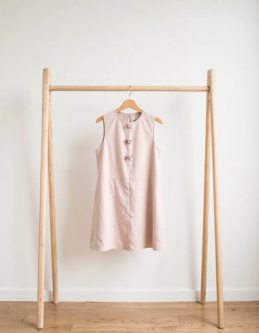Blush pink sleeveless dress with decorative buttons hanging on minimalist wooden clothing rack against white wall background
