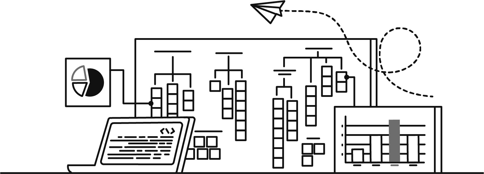 Process workflow with charts and diagrams on a laptop screen.