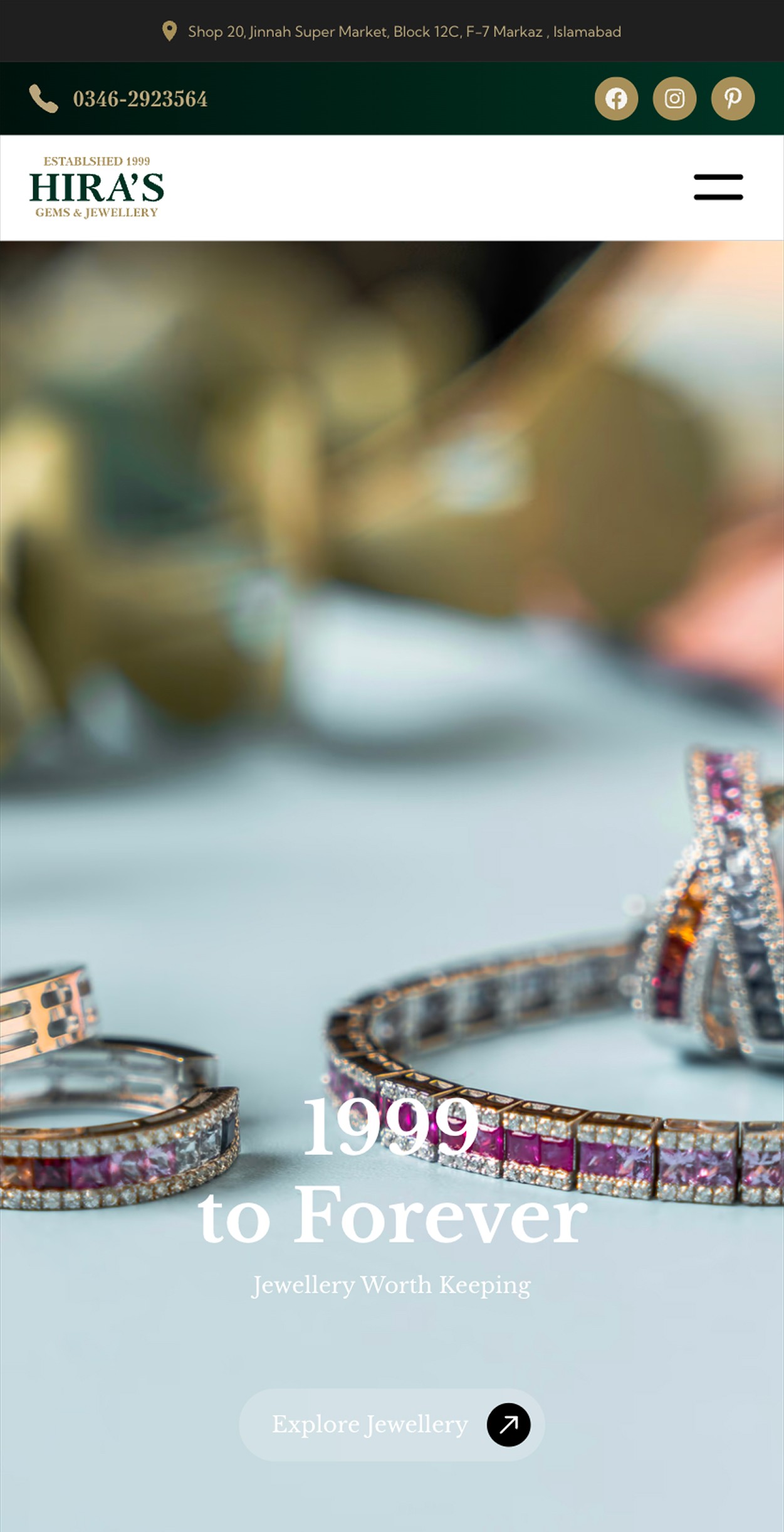 Hira's Gem and Jewelry Website Mobile Mockup Hero Section