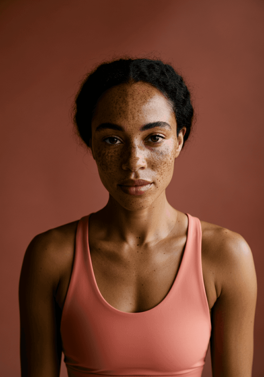 Portrait shot of a woman in a yoga outfit.