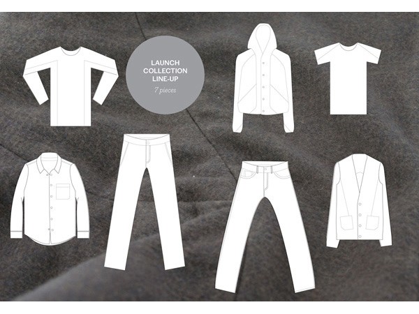 The image displays seven line-art illustrations of clothing items arranged on a dark gray textured background. The items include a long-sleeved shirt, a short-sleeved shirt, a hoodie, a t-shirt, button-down shirt, pants, and a cardigan. Each illustration is rendered in white on a dark gray background. Centrally placed text in a gray circle reads “LAUNCH COLLECTION LINE-UP 7 pieces”.