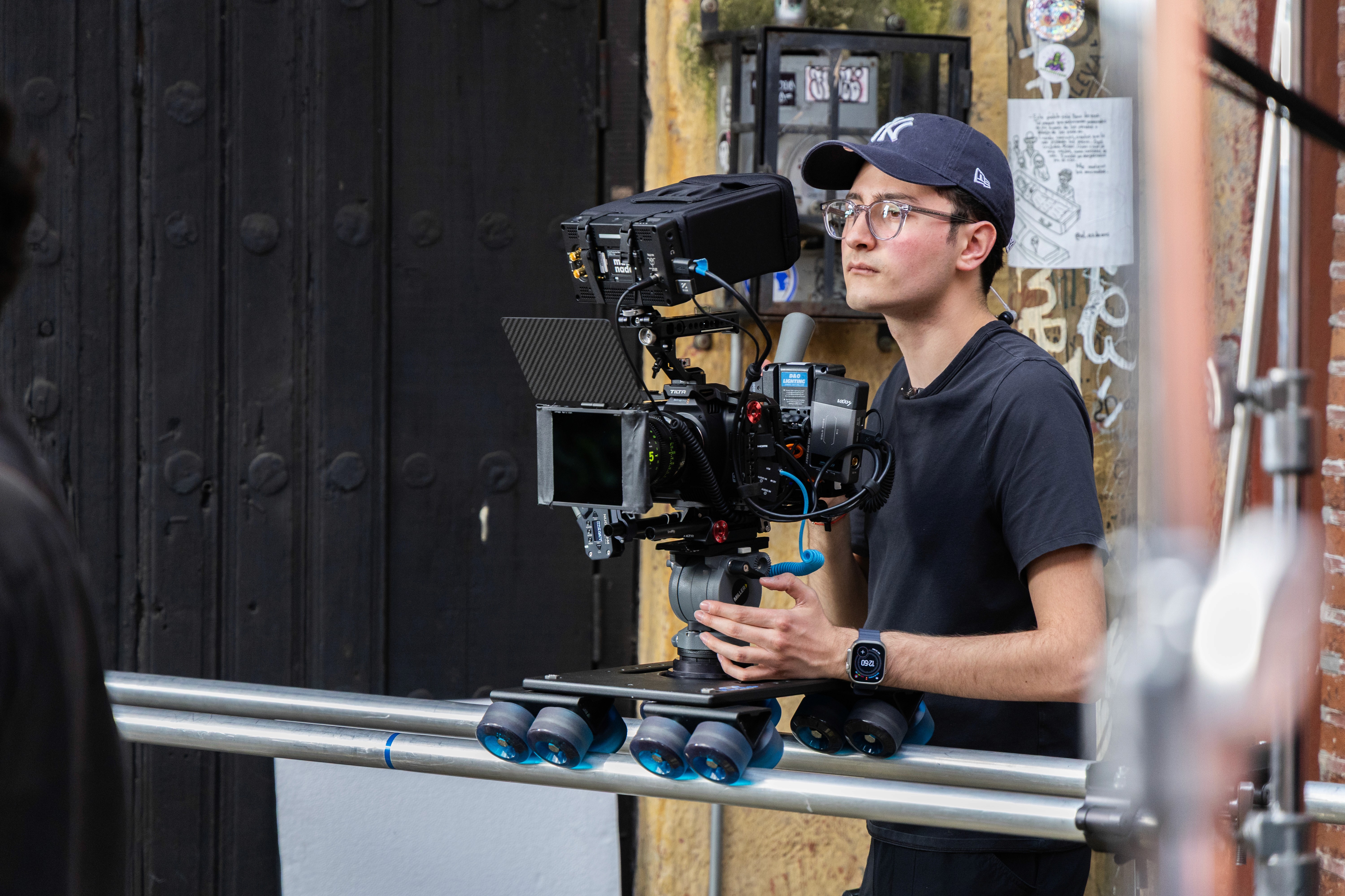 Mauricio Nader, CDMX Director of Photography, operating a Blackmagic 6K Cinema Camera with Nisi Athena primes on a Dana Dolly during the narrative shoot of 'El Callejón del Aguacate' in Mexico City.
