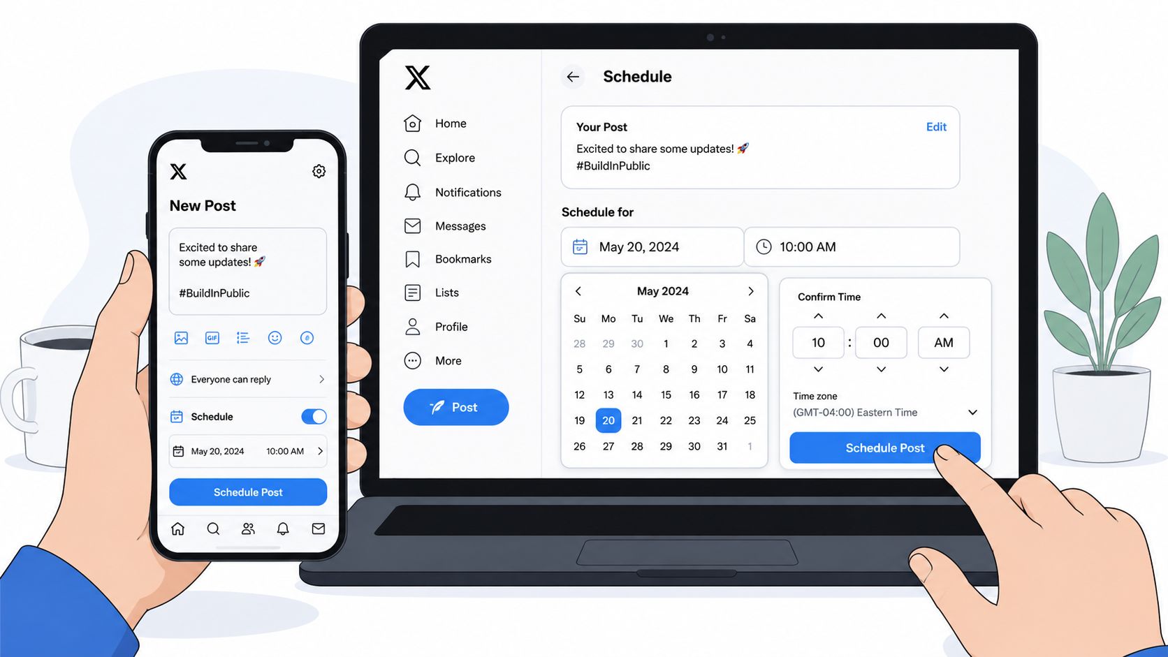 A person using a smartphone and laptop to schedule a post on X, formerly known as Twitter.
