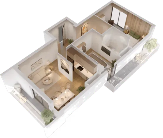 Functional 2BR floor plan with light-filled rooms and two balconies.