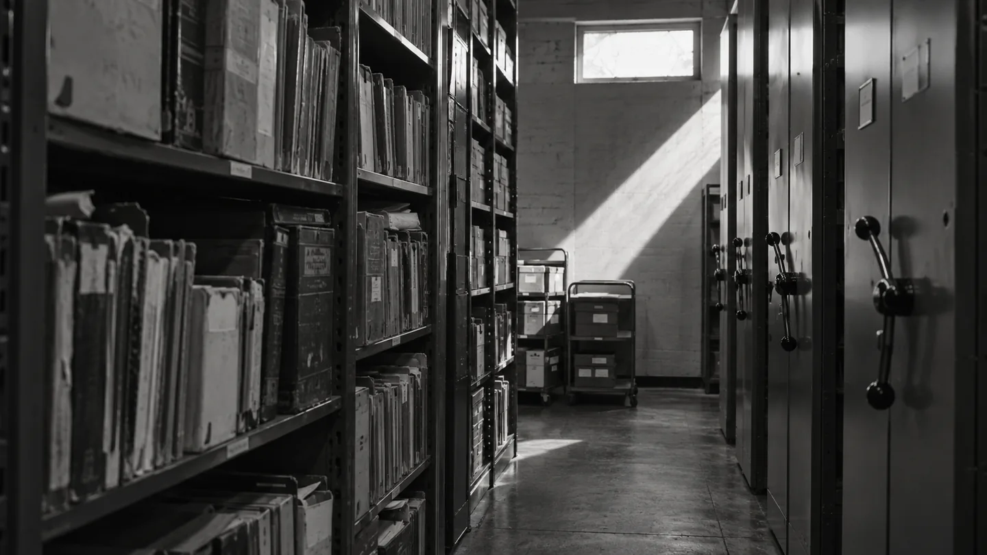 Institutional records archive photographed in black and white
