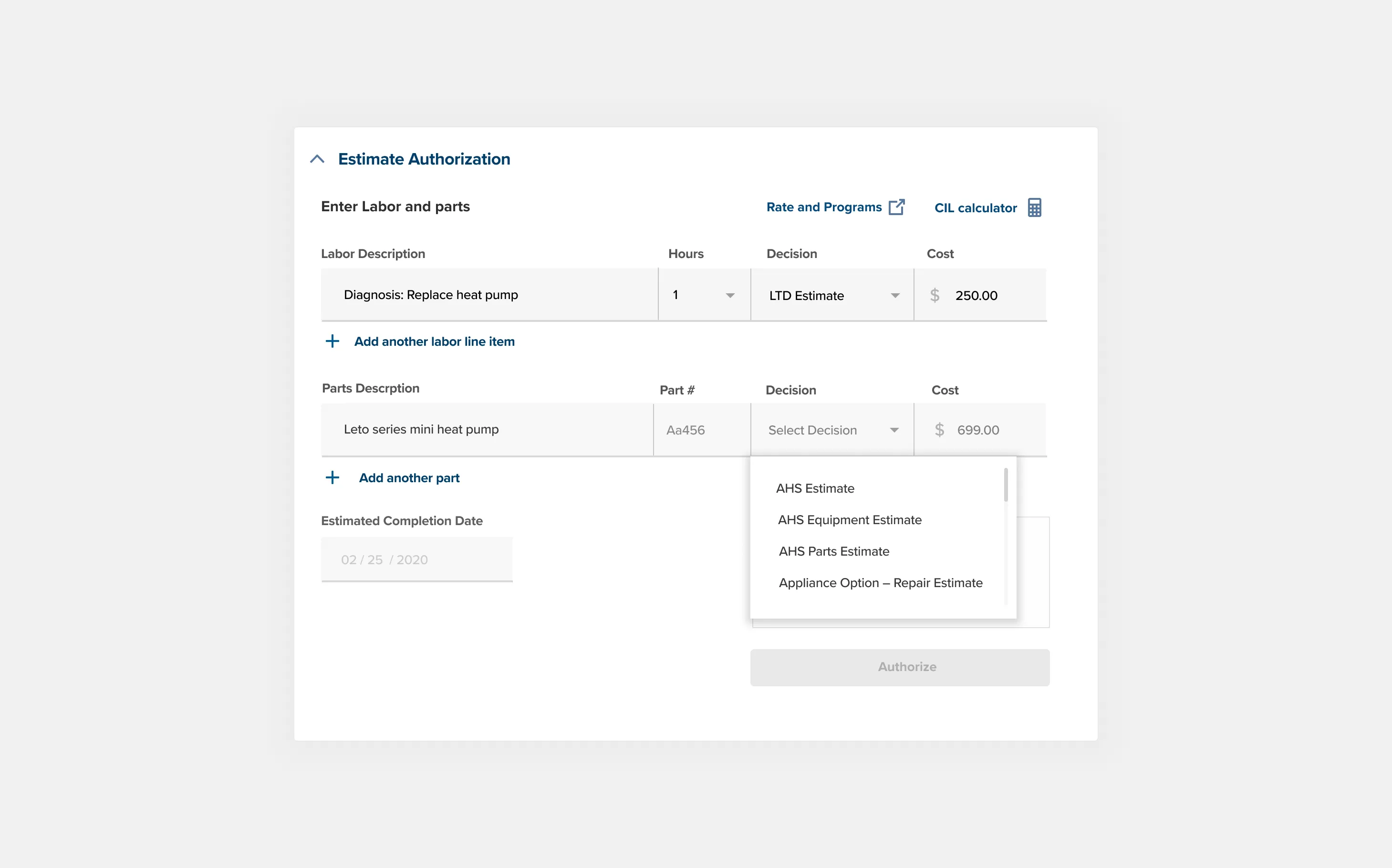 Estimate builder and authorization step