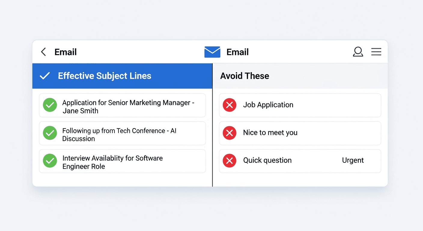 Split-screen comparison showing good vs bad email subject lines. Left side shows effective subject lines with green checkmarks: "Application for Senior Marketing Manager - Jane Smith", "Following up from Tech Conference - AI Discussion", "Interview Availability for Software Engineer Role". Right side shows ineffective subject lines with red X marks: "Job Application", "Nice to meet you", "Quick question", "Urgent". Clean, professional design with email inbox interface styling. Modern flat design with blue and gray color scheme. Labels at top: "Effective Subject Lines" and "Avoid These"
