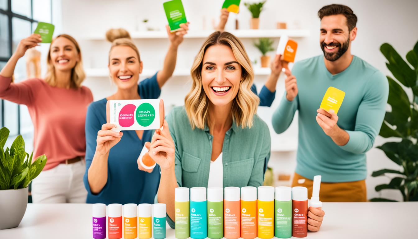 A group of diverse people smiling and holding up products they love, showcasing the variety of ways different customers use and enjoy the brand. One person happily holds a product while using it, while another shows off a photo or video they posted to social media featuring the brand. All the individuals are surrounded by bright colors and natural elements like plants or sunlight to convey a sense of authenticity and organic connection to the brand.