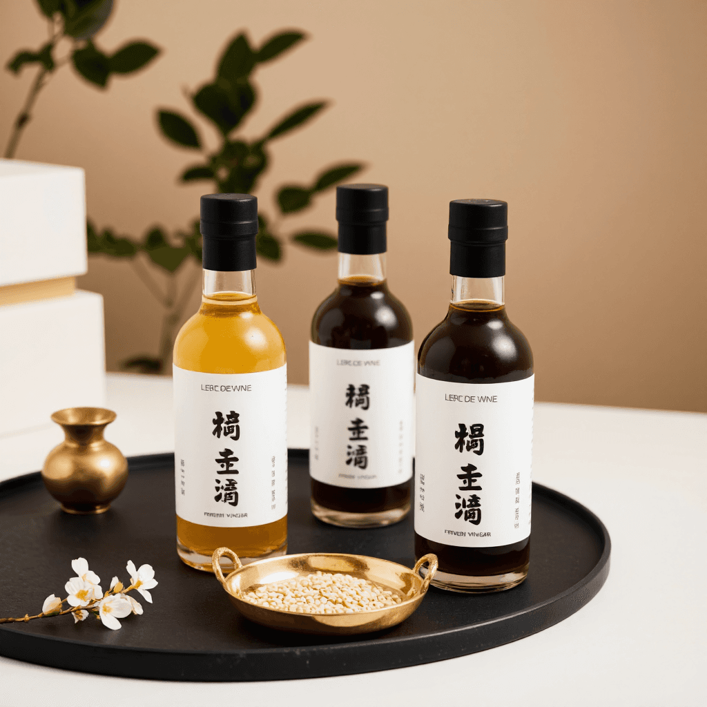 product photography of Gift set of 3 bottles of traditional fermented vinegar made from five kinds of grains