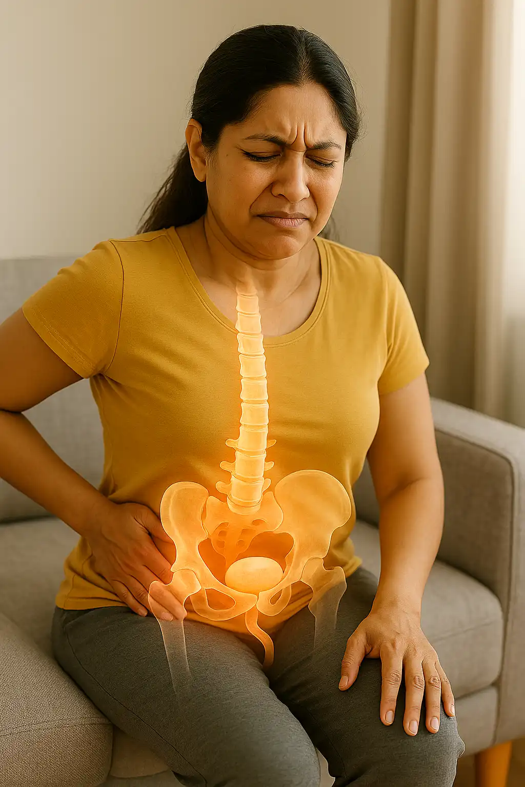 Woman with highlighted hip and pelvic spine illustration indicating sacroiliac joint pain or pelvic dysfunction.