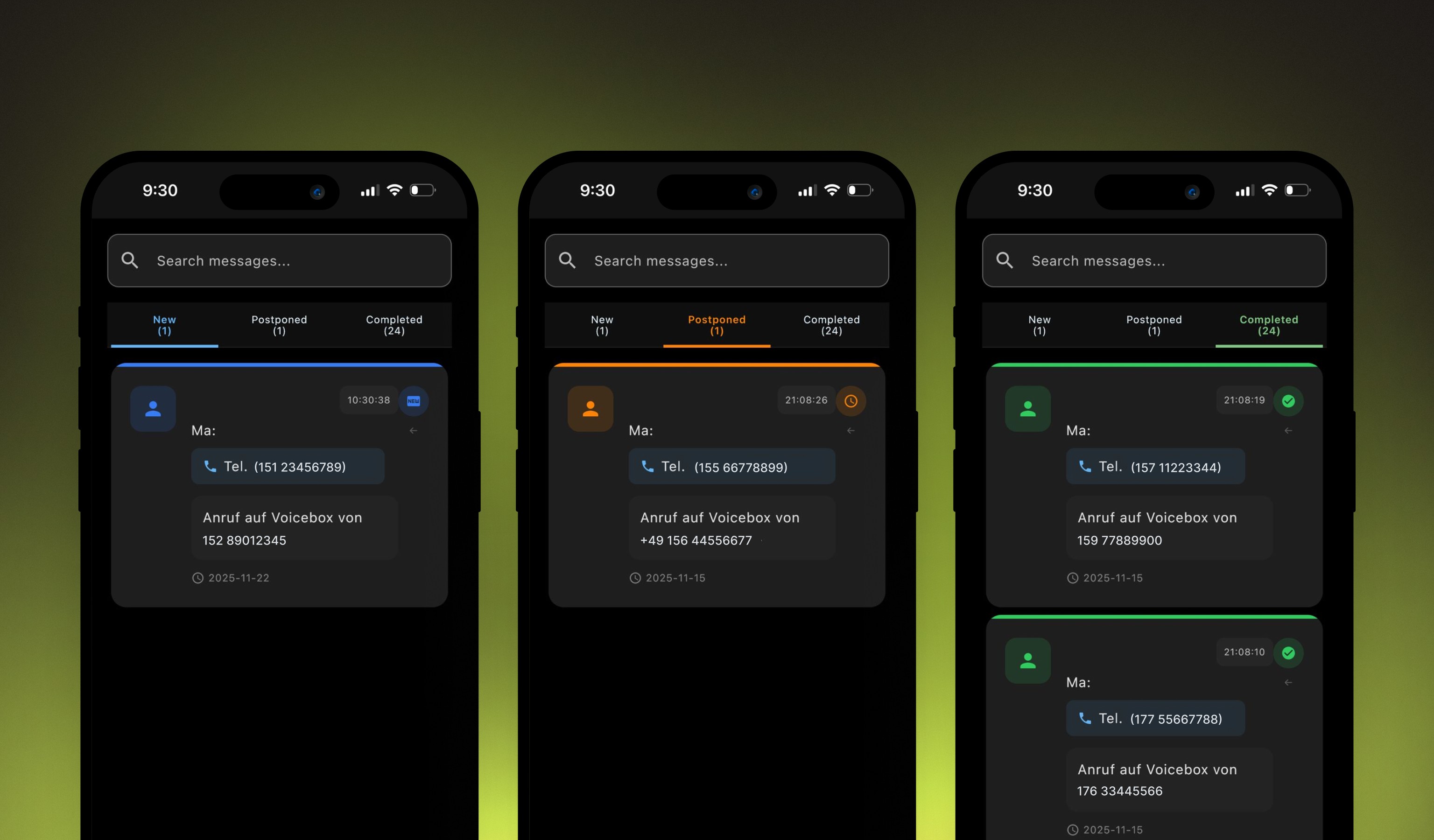 United Call Anrufbeschreibungsbildschirm