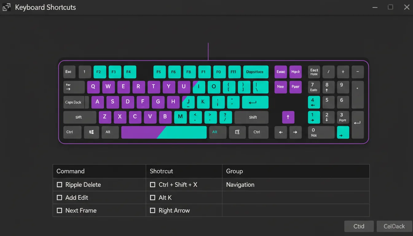 Screenshot of the Adobe Premiere Pro keyboard shortcut editor, user interface in a Modern Dark Mode style. The layout is dominated by a graphical representation of a computer keyboard with keys color-coded using vibrant purple and bright teal highlights. Some keys are solid colors, while others feature a sharp diagonal split between the two accent colors. Below the keyboard visualizer is a data grid with columns containing abstracted text lines and simple placeholder UI icons, all on a dark charcoal gray background.