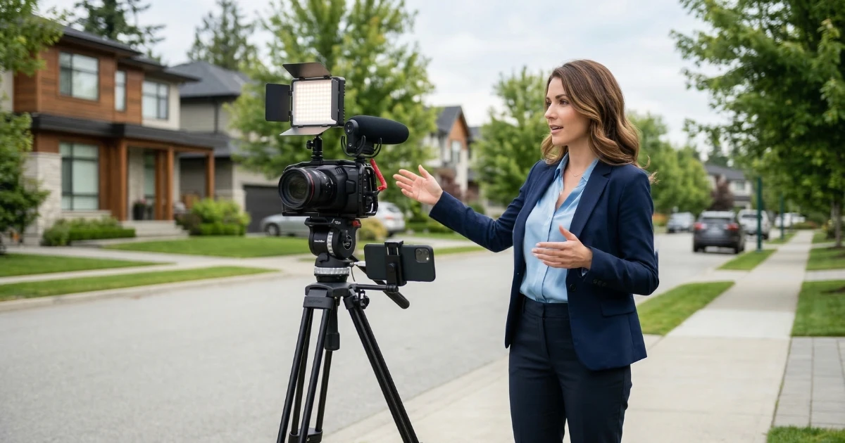 Real estate agent filming a neighborhood tour video with professional lighting setup