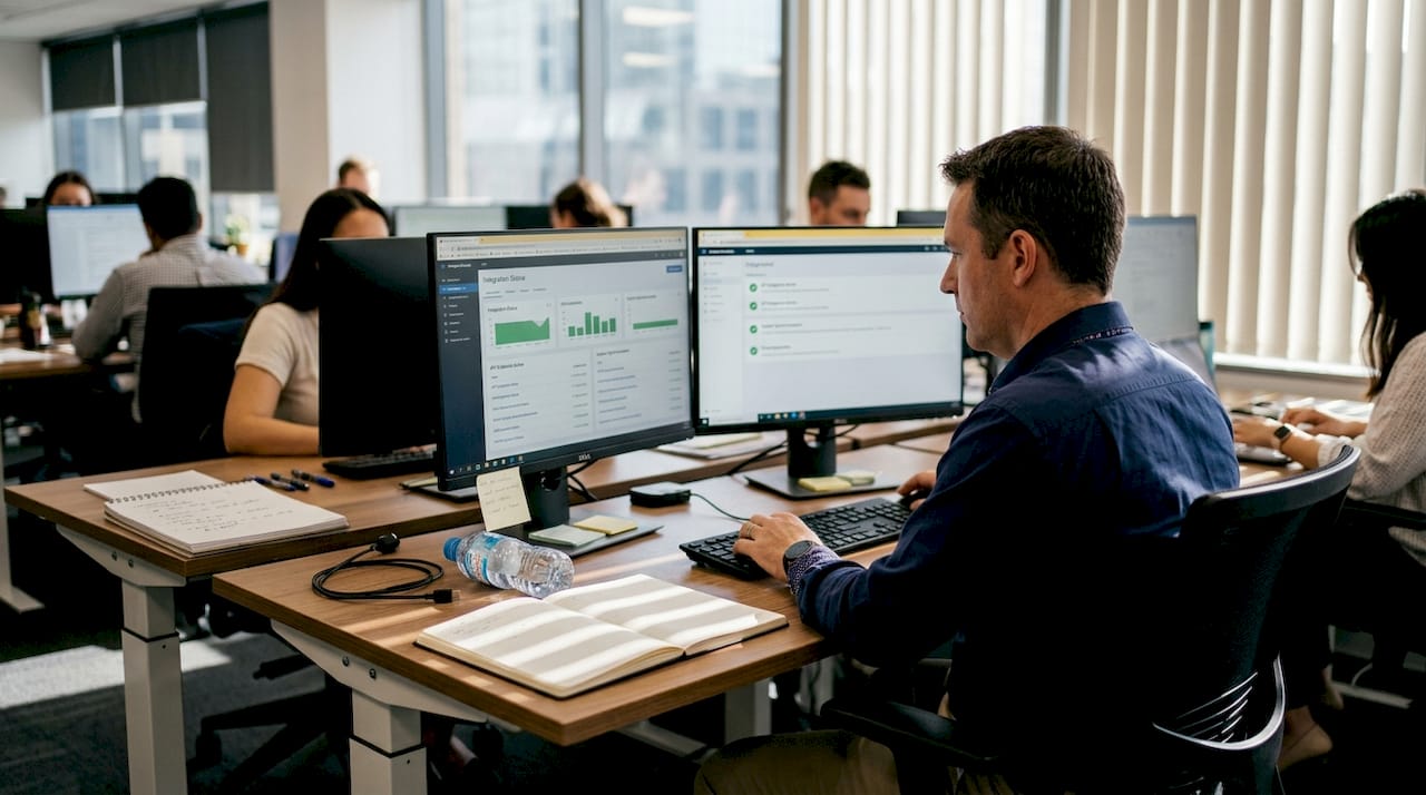 IT manager reviewing ecommerce dashboard at desk