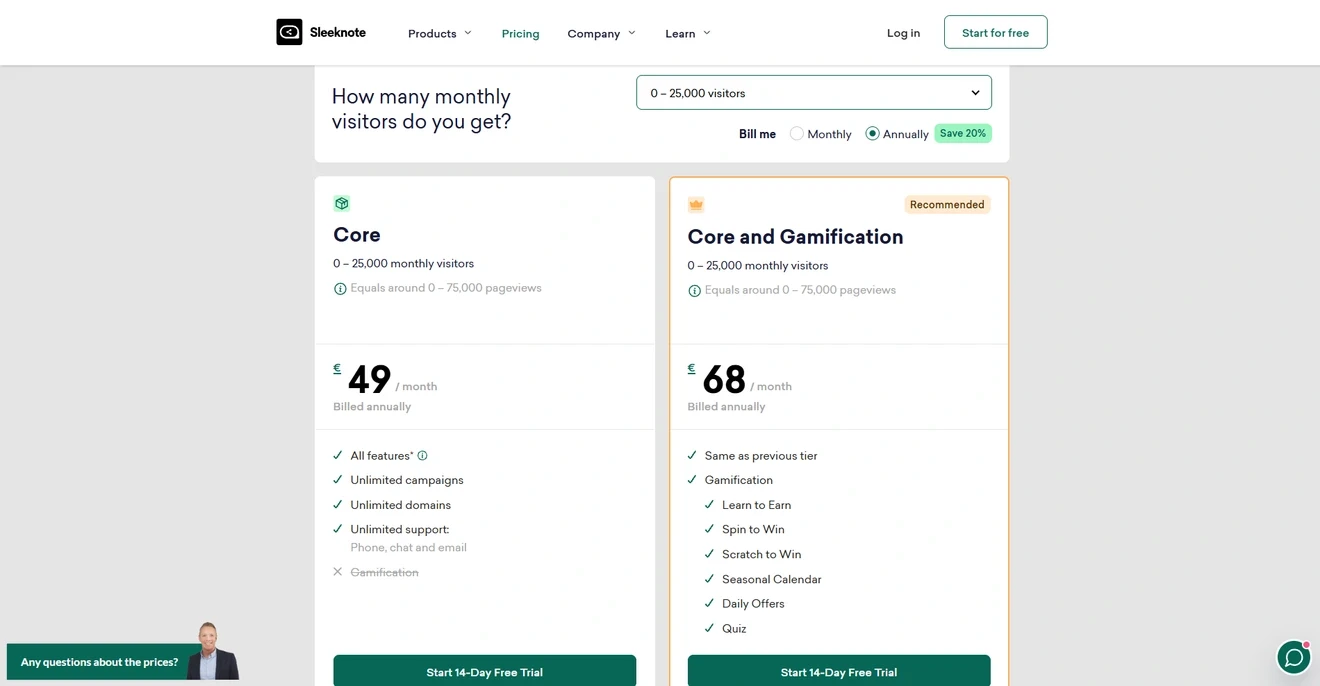 Sleeknote pricing plans with Core and gamification options based on monthly visitors