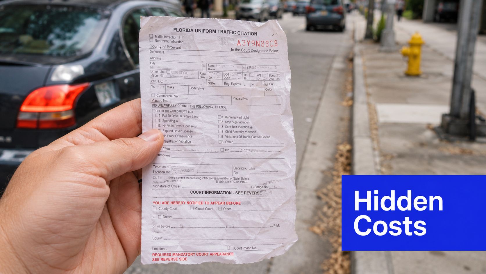 A close-up view of a hand holding a Florida Uniform Traffic Citation on a busy city street.
