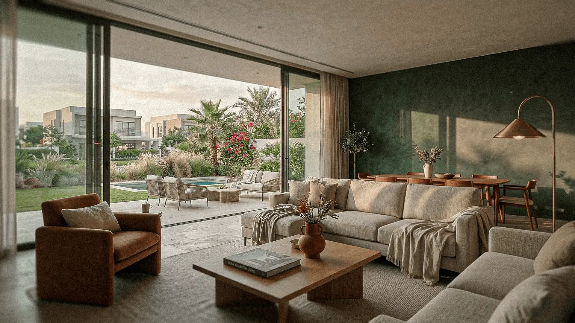 Villa contemporánea con interior moderno y acceso directo a jardín privado en comunidad residencial.