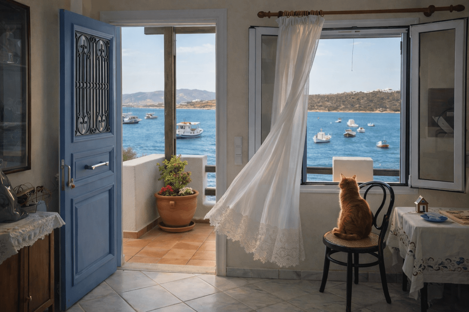 Sunlit coastal room with a blue door, sheer curtains, and a view of boats on the water through open windows.
