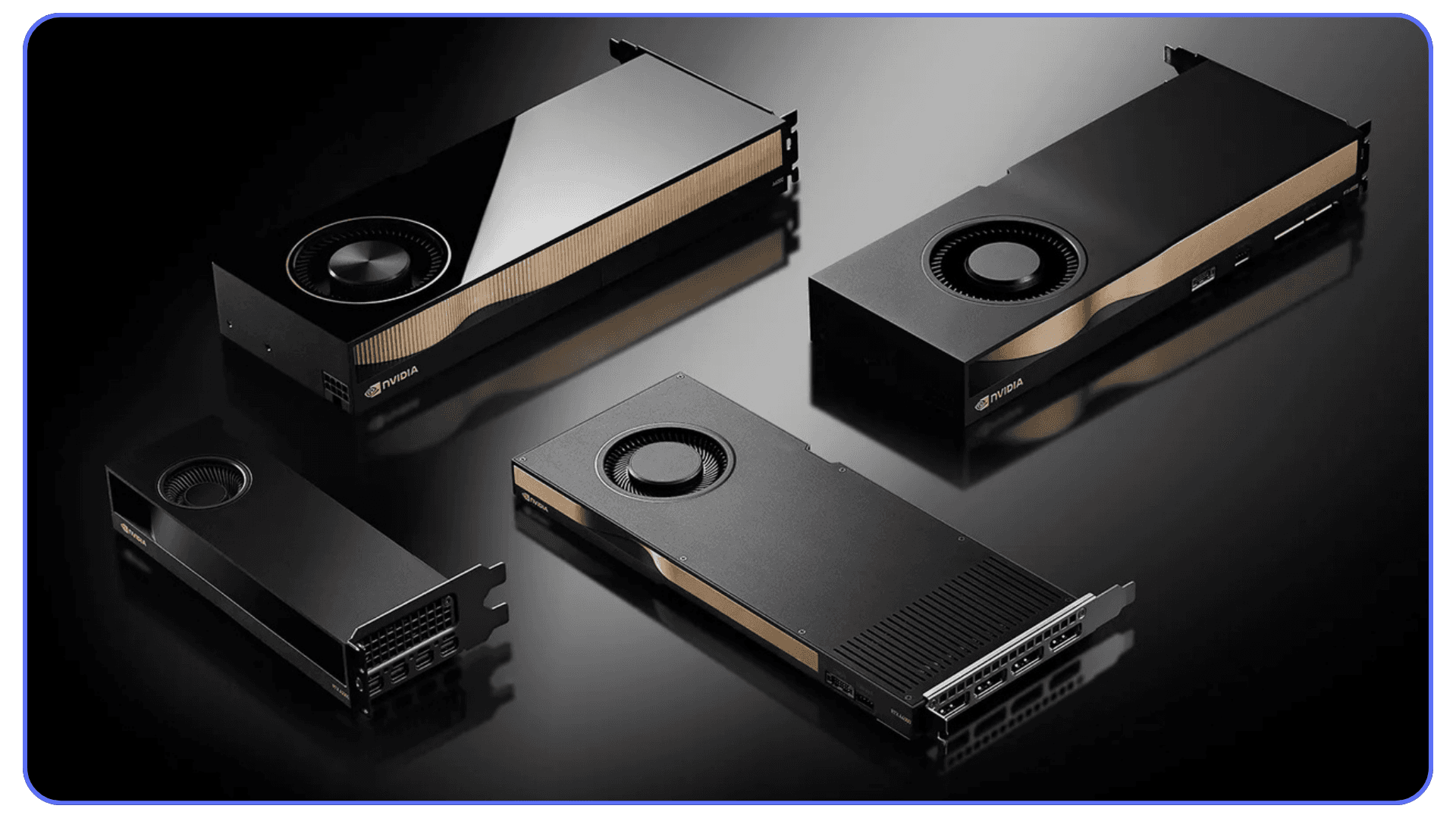 NVIDIA RTX A-series workstation GPUs displayed on a dark background