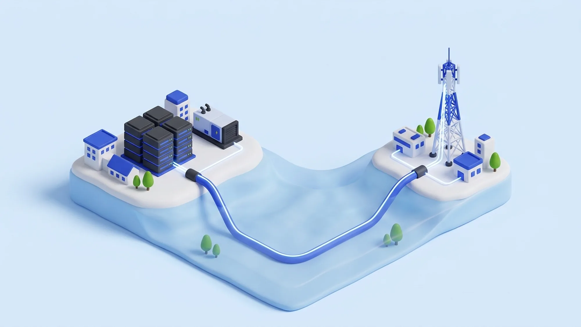 Illustration 3D des défis d'infrastructure en Afrique : câbles sous-marins, électricité et centres de données