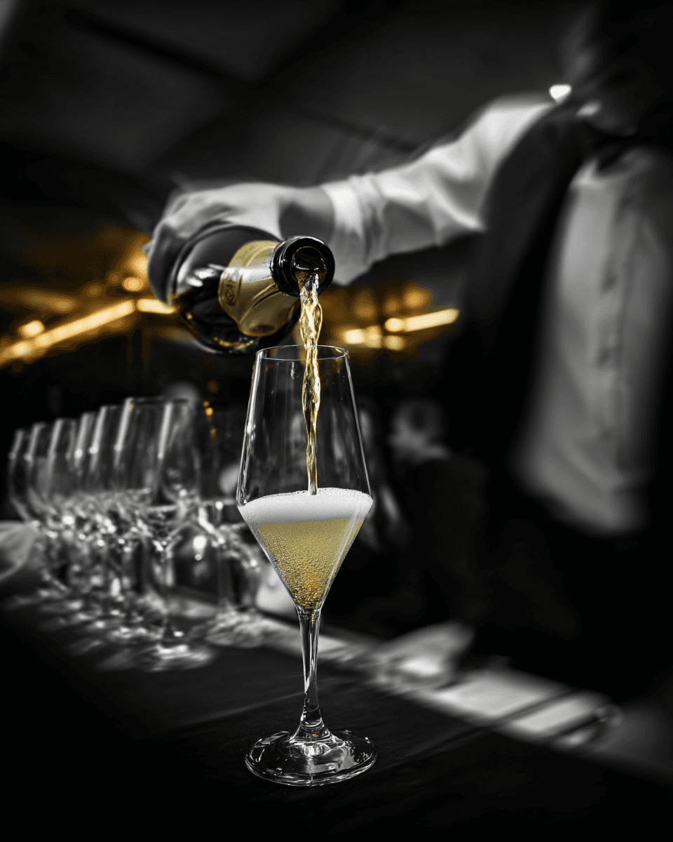Bartender pouring champagne into a glass, golden liquid catching the backlight