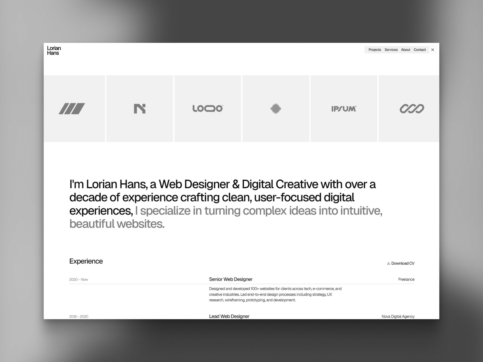 Lorian — 黑白极简网格布局作品集网站设计灵感