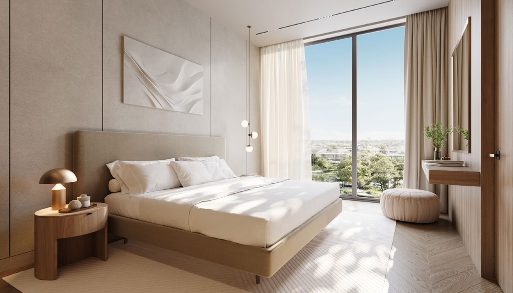A modern bedroom featuring a large window and a neatly made bed, showcasing contemporary design elements.
