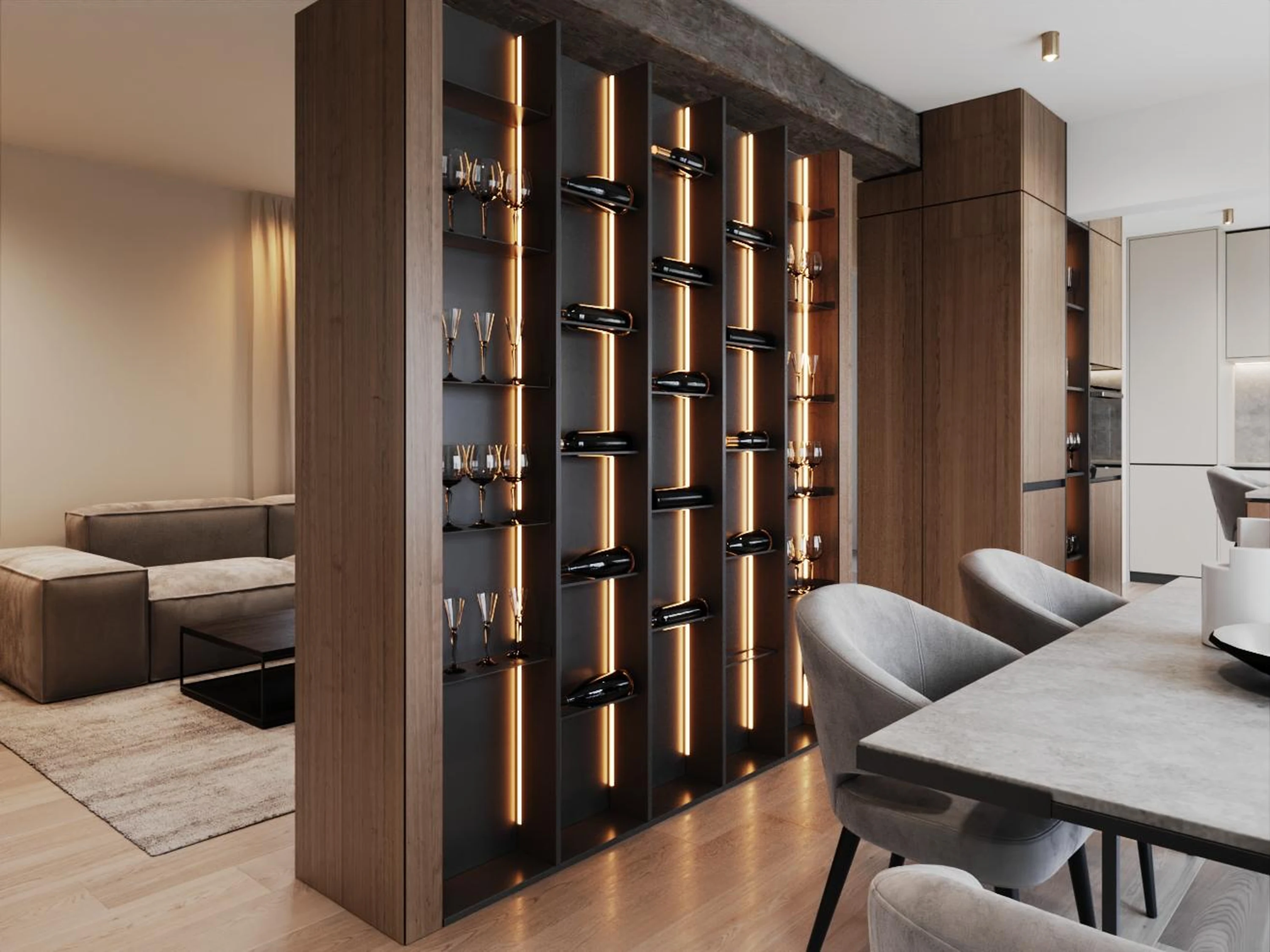 Détail — prise intégrée et goulotte dissimulée.