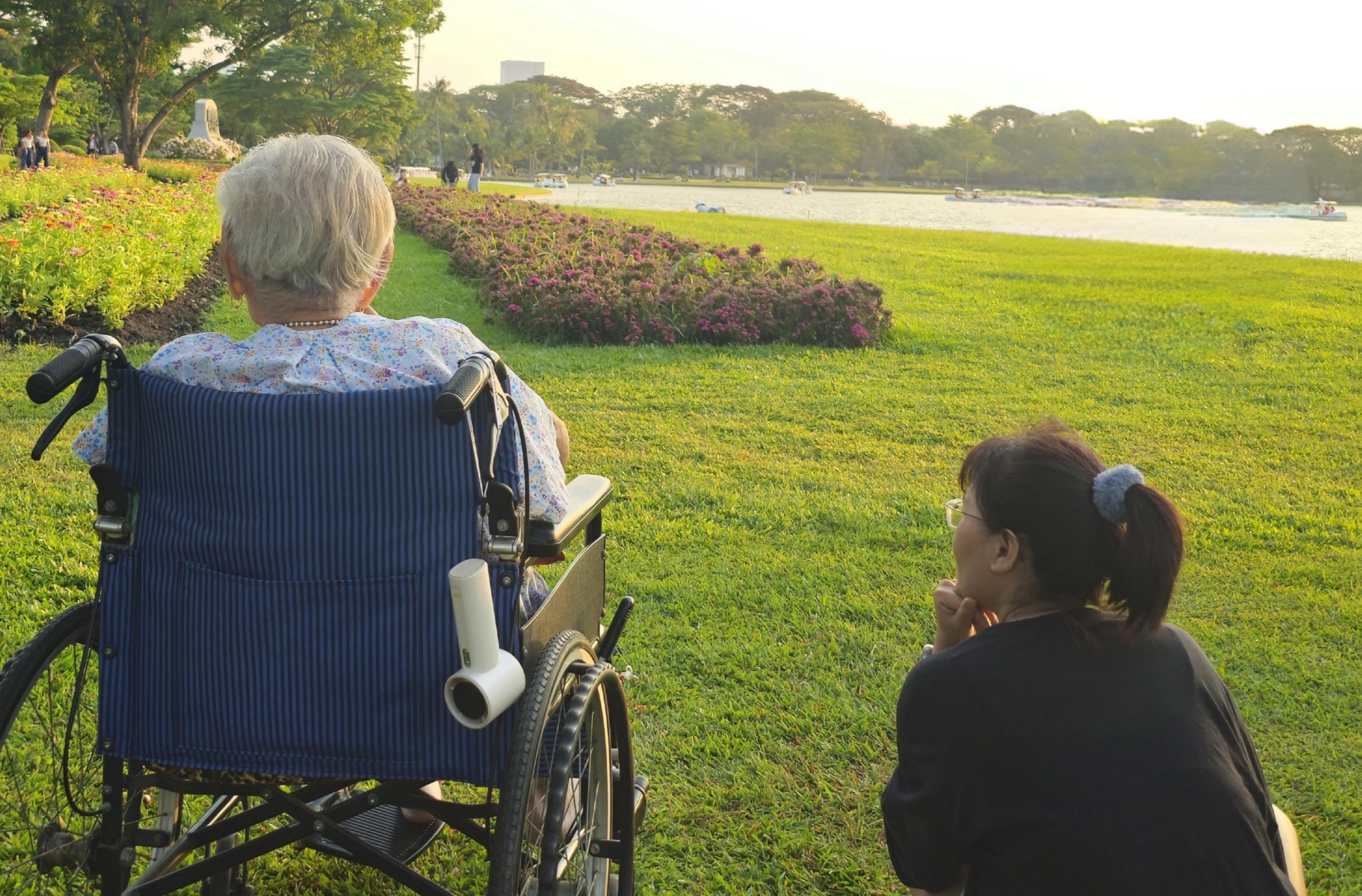 A caregiver sitting beside an older adult in a wheelchair, both looking out over a peaceful garden together in warm evening light.