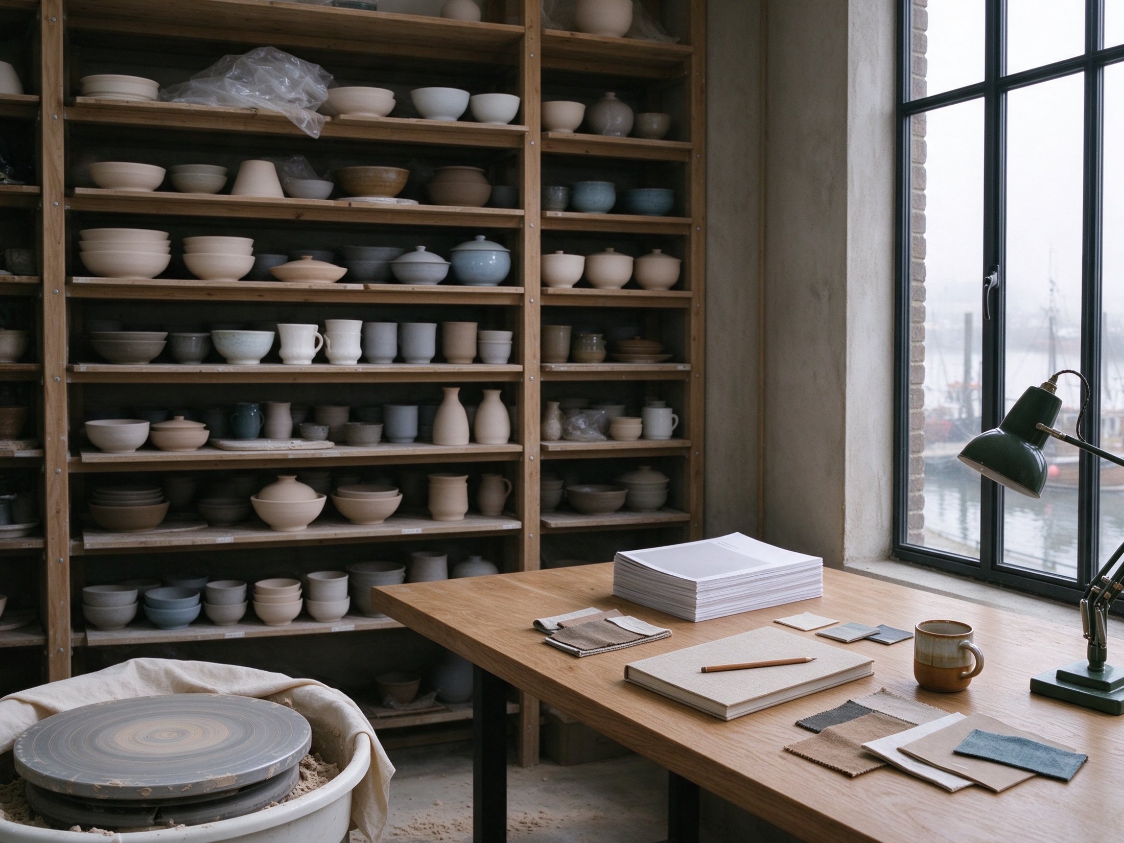 Shelves of ceramics in progress in a potter's studio