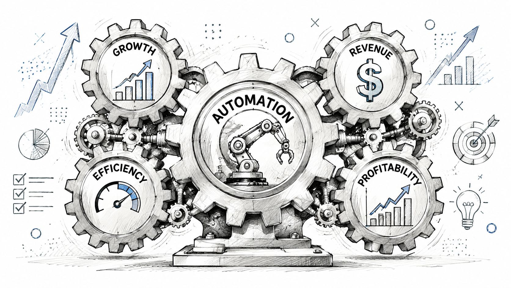Een schets van tandwielen die automatisering tonen met iconen voor groei, efficiëntie, omzet en winstgevendheid.
