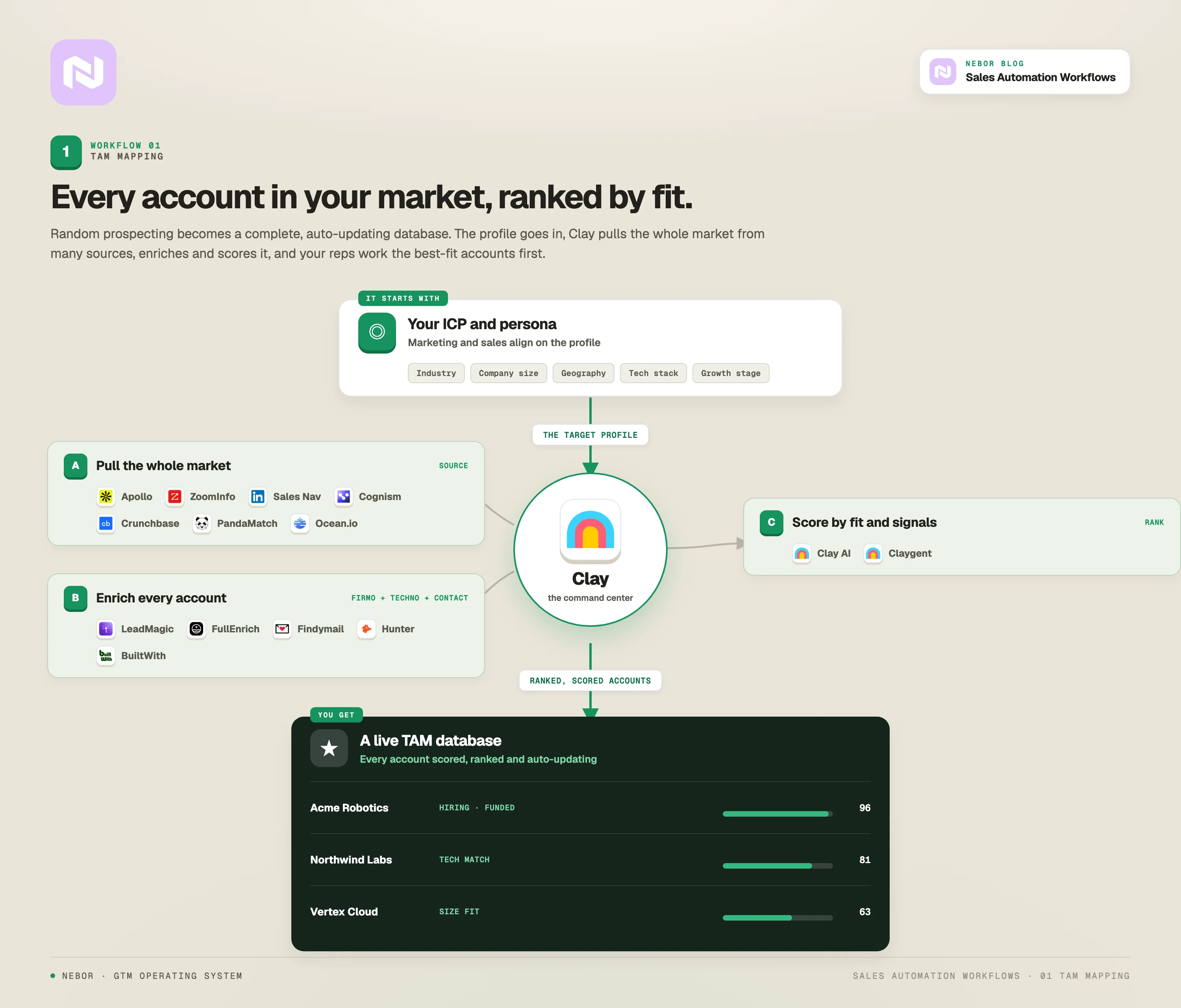 TAM mapping workflow: pull the whole market with Apollo, ZoomInfo and Sales Navigator, enrich every account, score by fit in Clay, and rank target accounts.