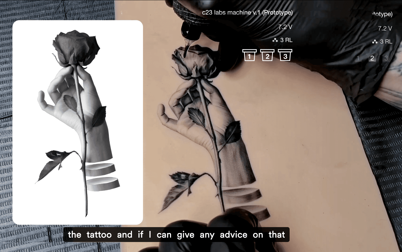 Close-up of a tattoo machine creating a realistic rose design.