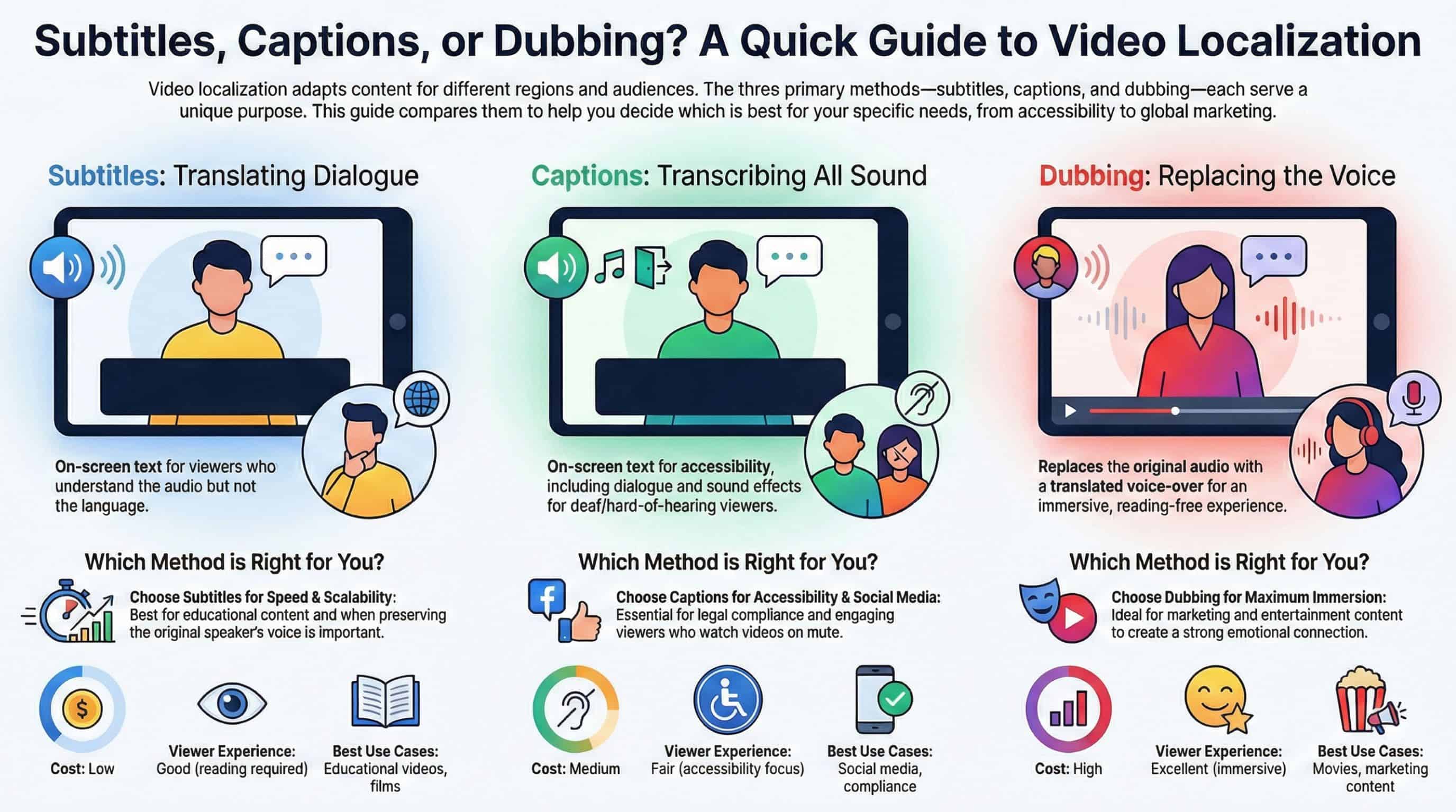 Infographic showing comparison of subtitles, captions, and dubbing methods in video localization.