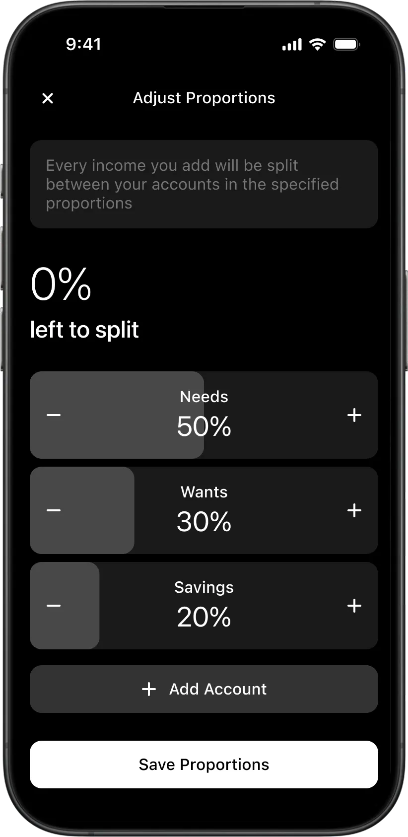 50/30/20 budget proportion adjustment interface in the Wudget finance app with customizable income distribution.