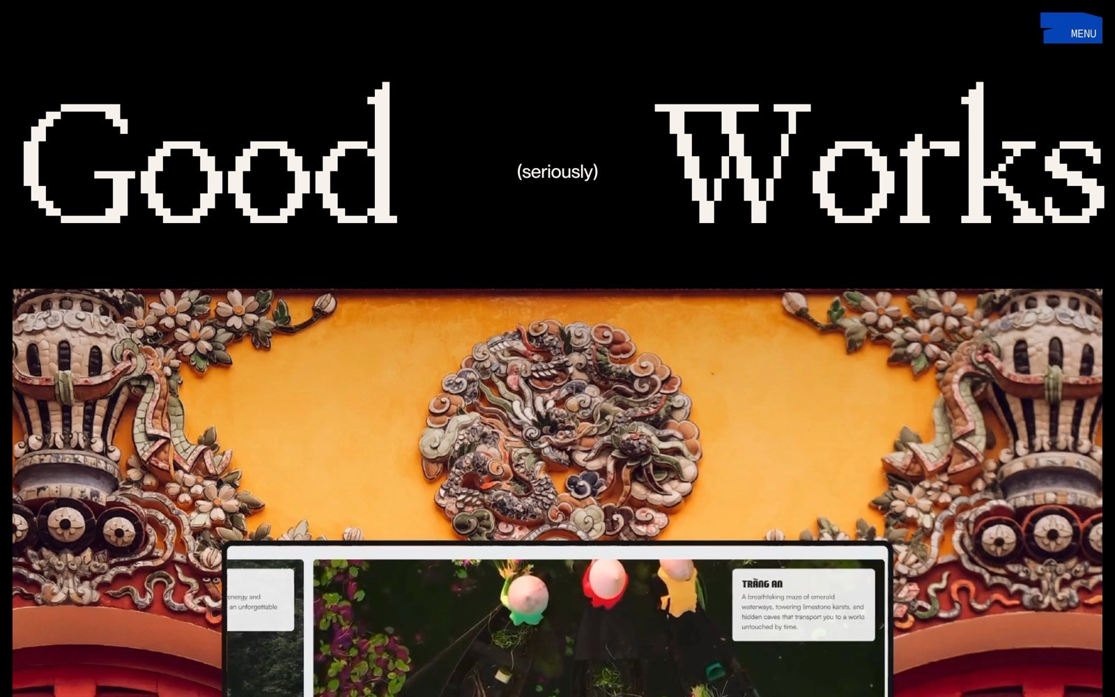 Good Works title in pixelated font with ornate orange and floral mural beneath.