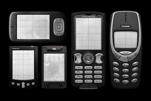 Retro mobile smart device mockup bundle with multiple vintage phones and handheld devices