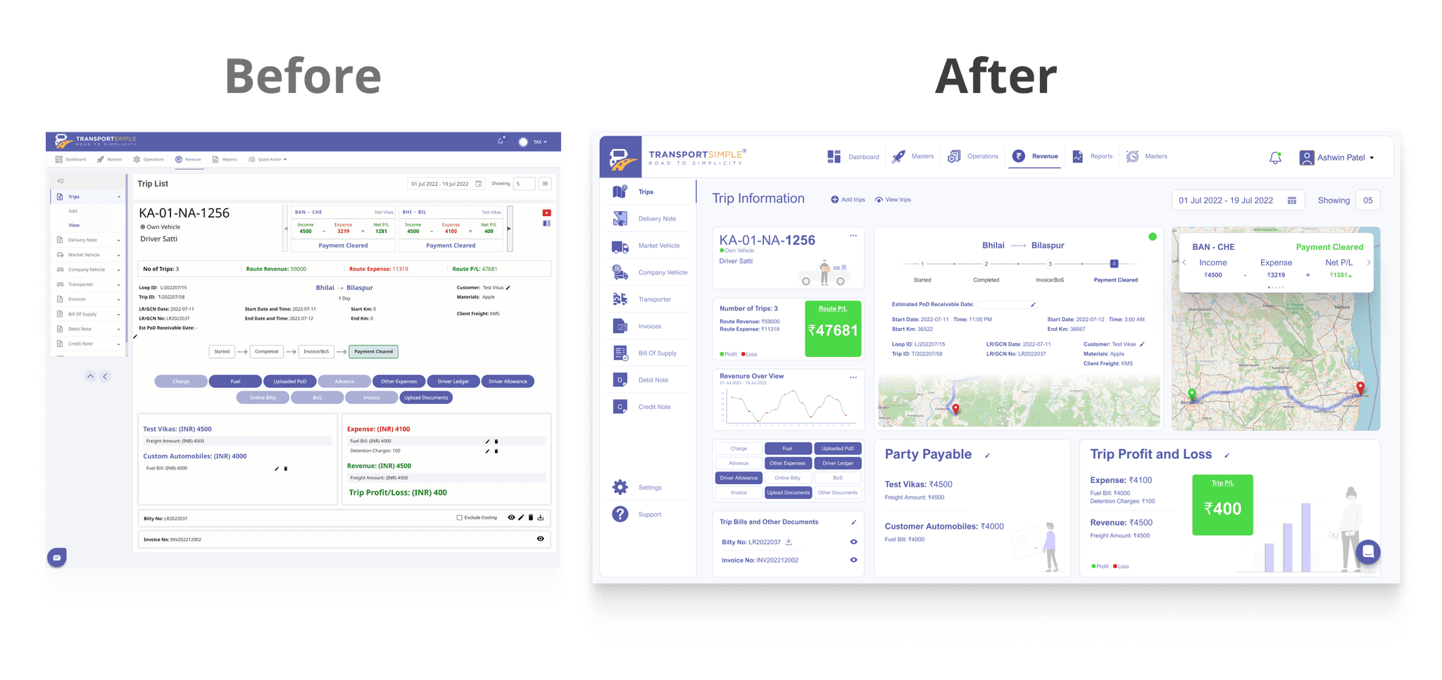 image of transportsimple dashboard before and after