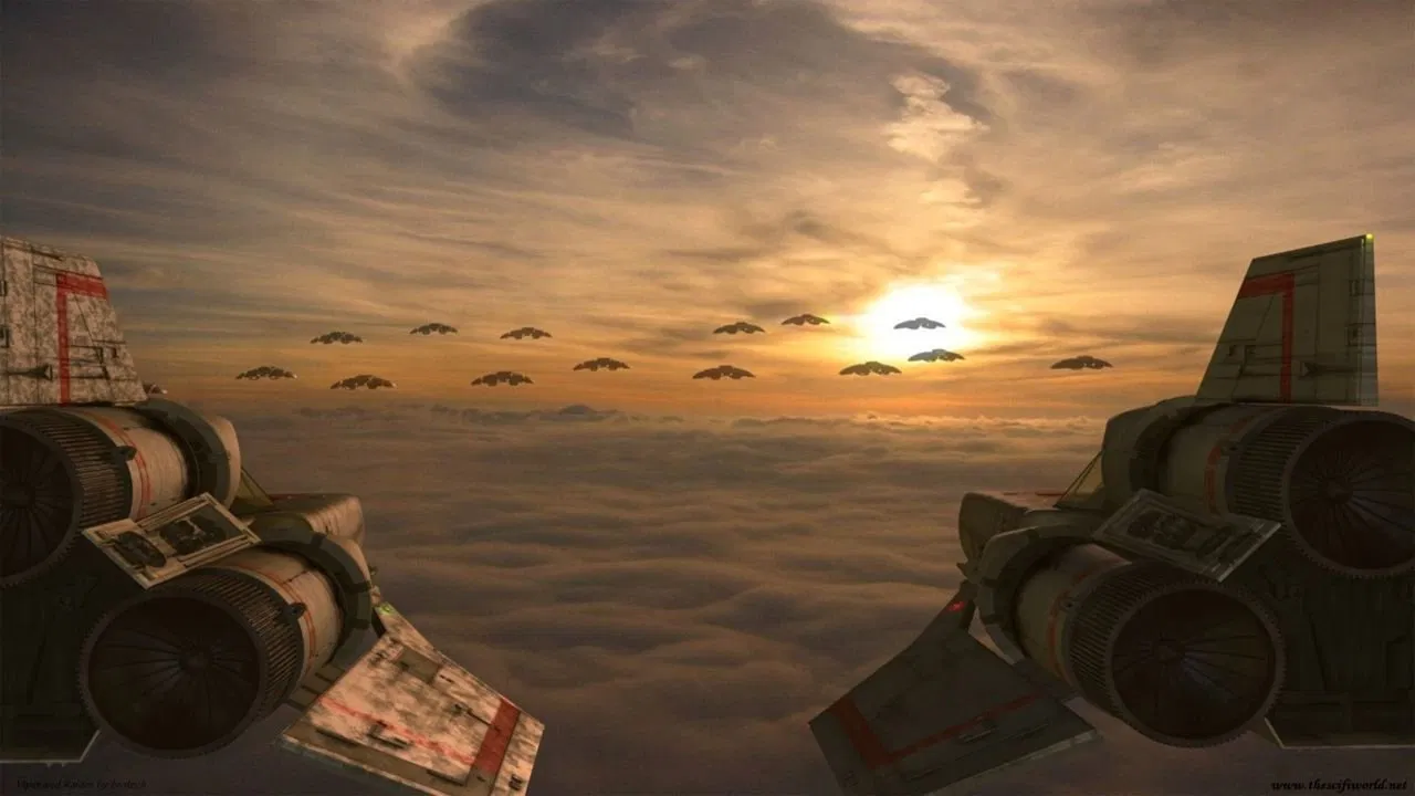 The image depicts a fleet of futuristic spacecraft flying towards each other in formation over a sea of clouds during a vibrant sunset, highlighting a dramatic sci-fi scene.